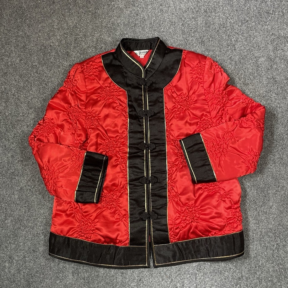 Quilted Tang Jacket Women Size Medium Red Black Frog Closure Mandarin Collar